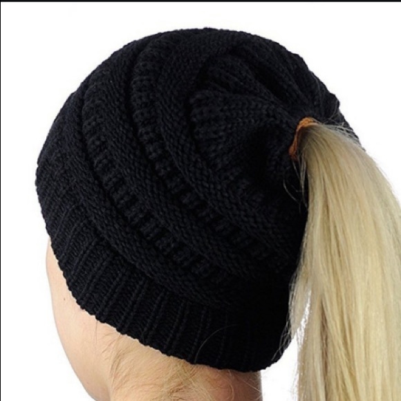 Youth Black Knit Ponytail Beanie - Picture 3 of 3